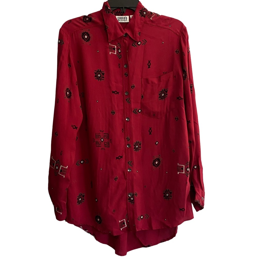 Vtg Chico's Design Aztec Southwestern Long Tail Textured Button Up Long Sleeve